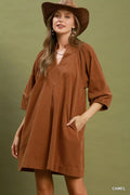 YSONA Umgee Corduroy V-Neck Puff Sleeve Shift Dress with Pockets — front view | Women's Dress