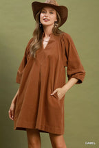 YSONA Umgee Corduroy V-Neck Puff Sleeve Shift Dress with Pockets — front view | Women's Dress