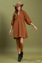 YSONA Umgee Corduroy V-Neck Puff Sleeve Shift Dress with Pockets — model wearing | Women's Dress