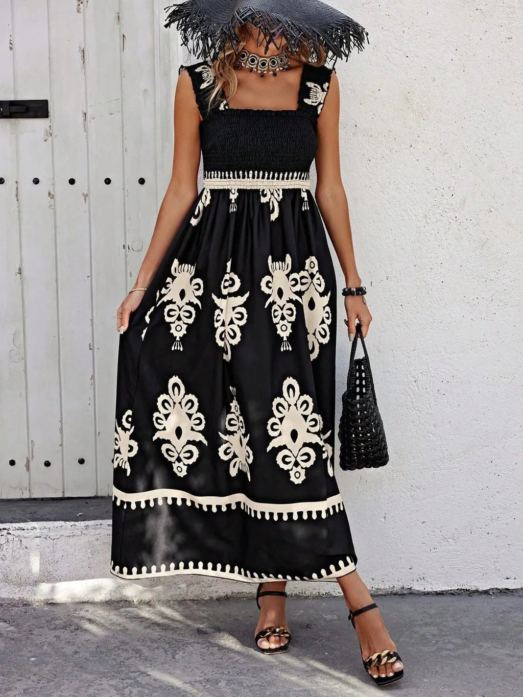 YSONA Smocked Printed Wide Strap Maxi Dress — front view | Women's Dress | Shop YSONA