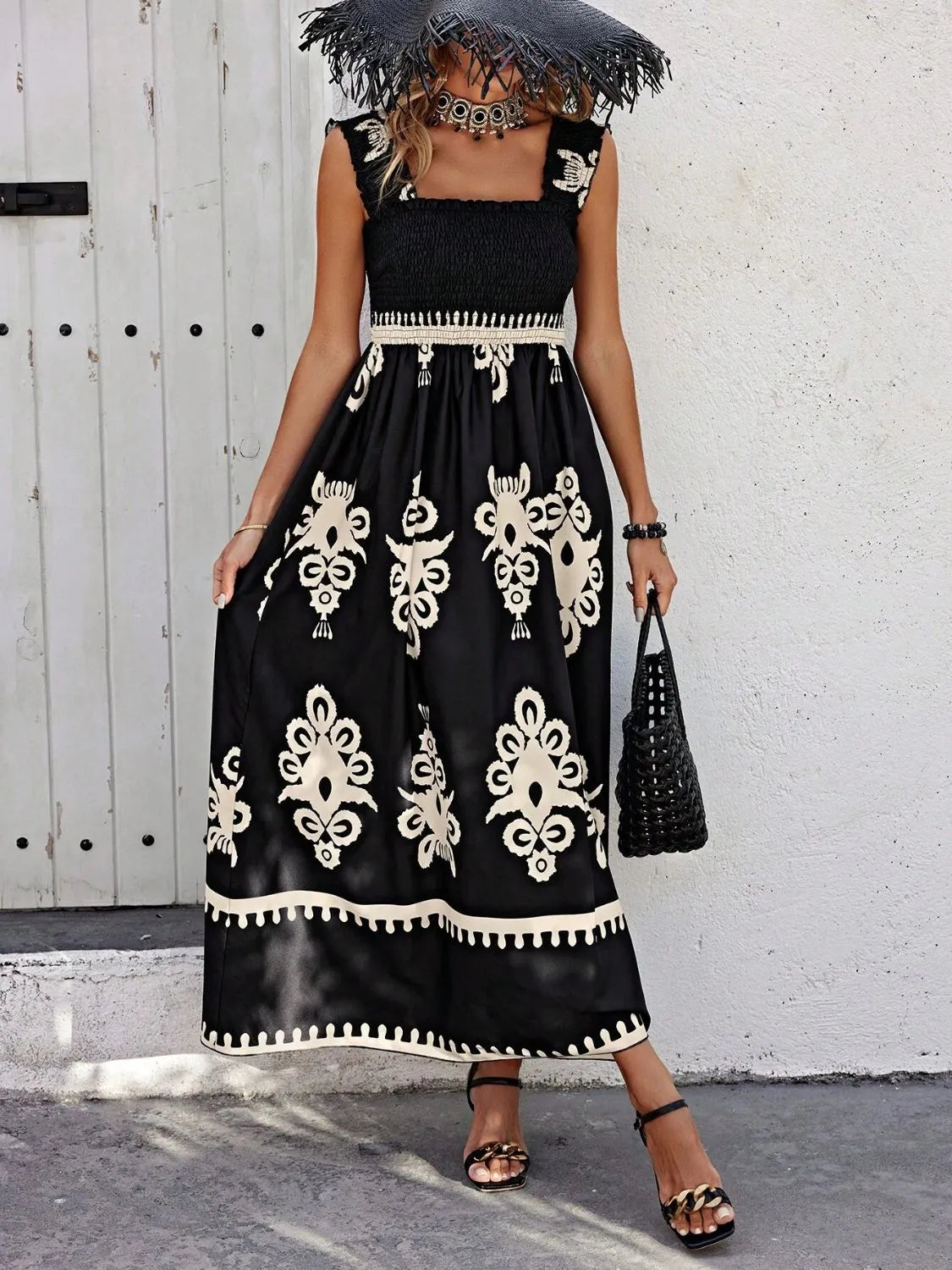 YSONA Smocked Printed Wide Strap Maxi Dress — front view | Women's Dress | Shop YSONA