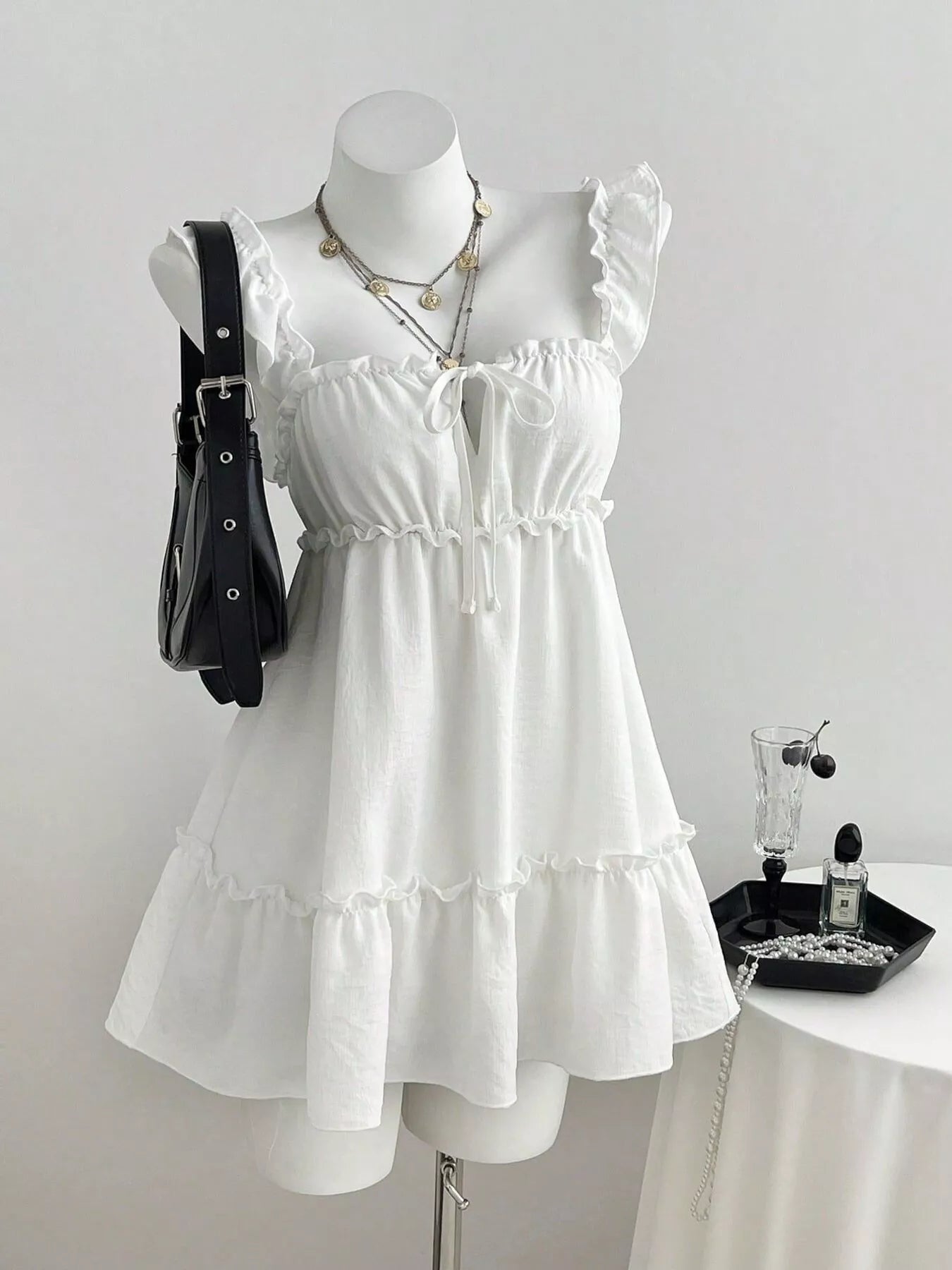 YSONA Frill Tie Front Mini Dress — front view | Women's Dress | Shop YSONA