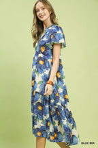 YSONA Umgee Tropical Floral V-Neck Flutter Sleeve Tiered Midi Dress — back view | Women's Dress