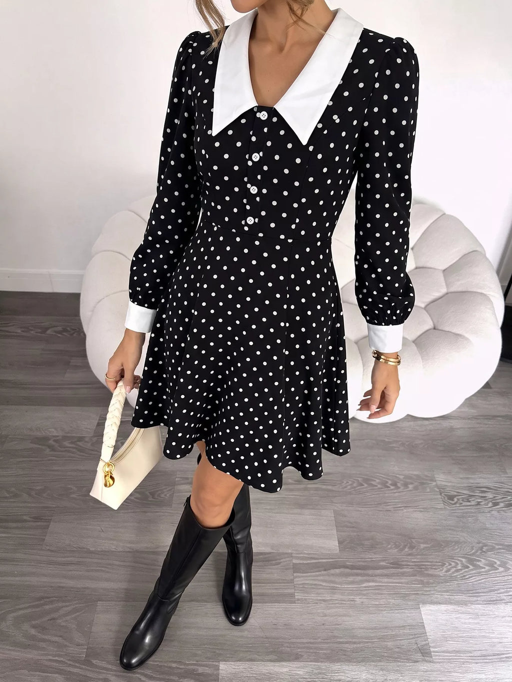 YSONA Polka Dot Peter Pan Collar Dress — front view | Women's Dress | Shop YSONA
