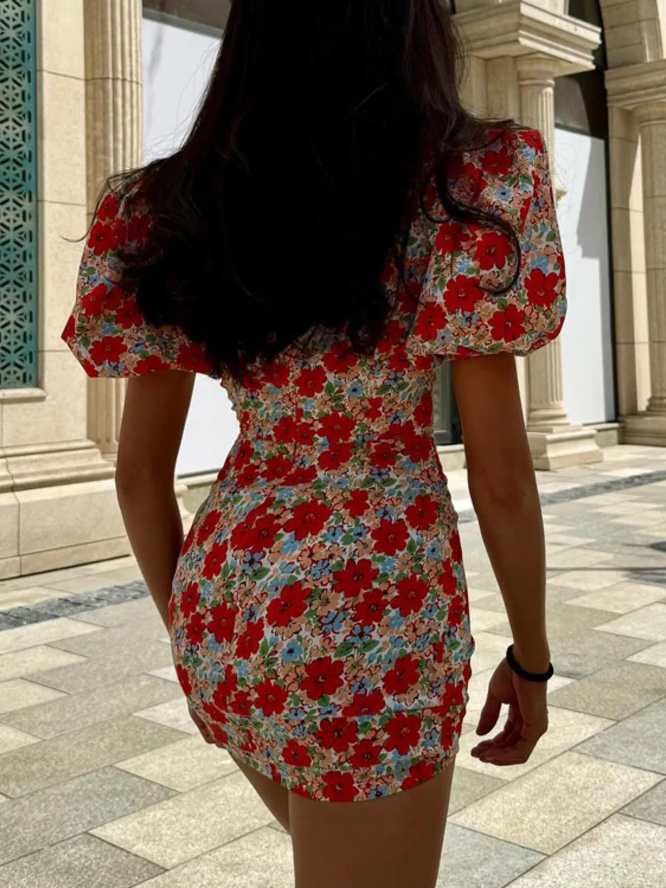 YSONA Ruched Floral Print Puff Sleeve Mini Dress — detail view | Women's Dress | Shop YSONA