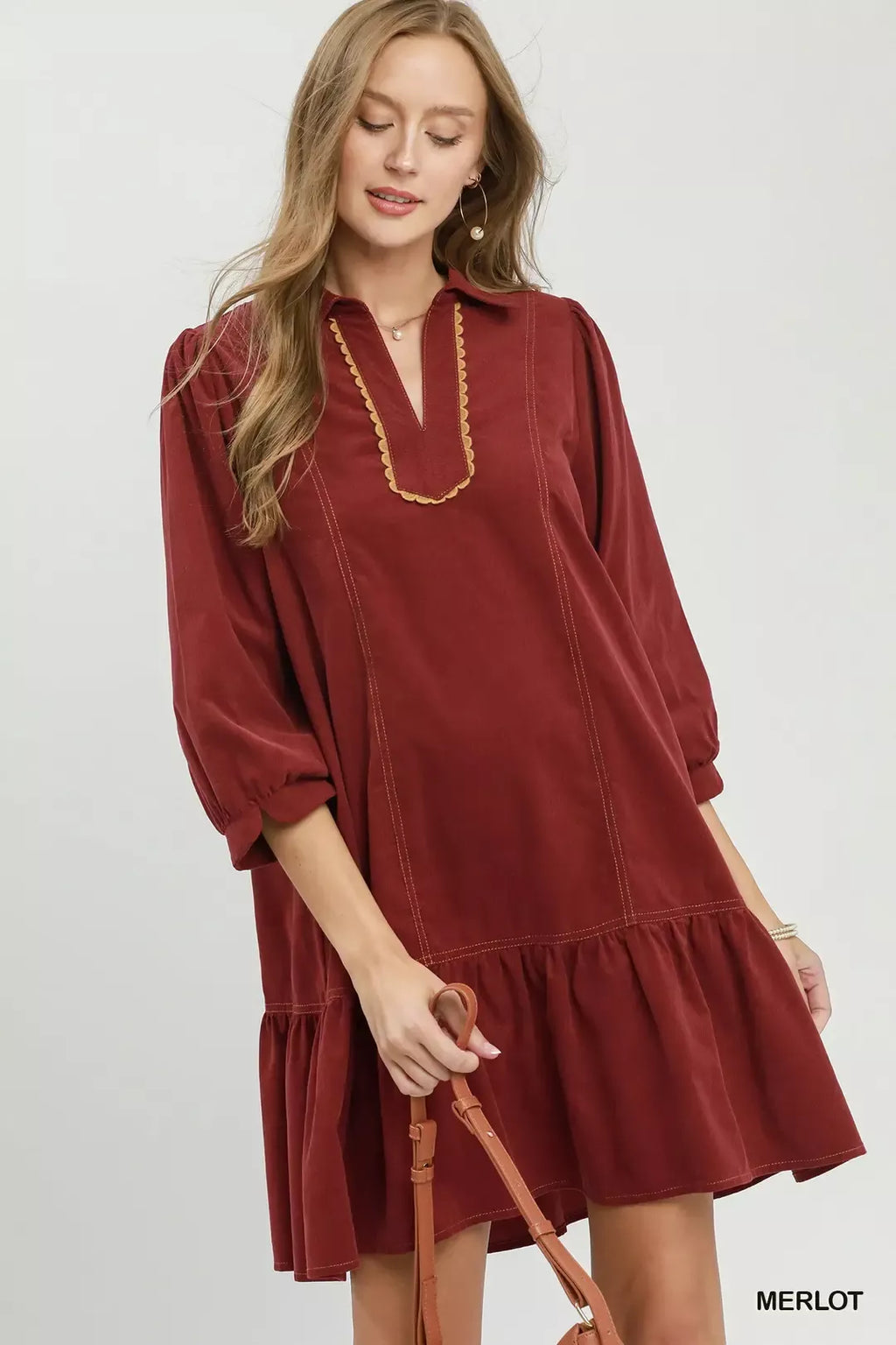 YSONA Umgee Corduroy Contrast Trim Tiered Babydoll Dress — front view | Women's Dress | Shop YSONA