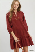 YSONA Umgee Corduroy Contrast Trim Tiered Babydoll Dress — front view | Women's Dress | Shop YSONA