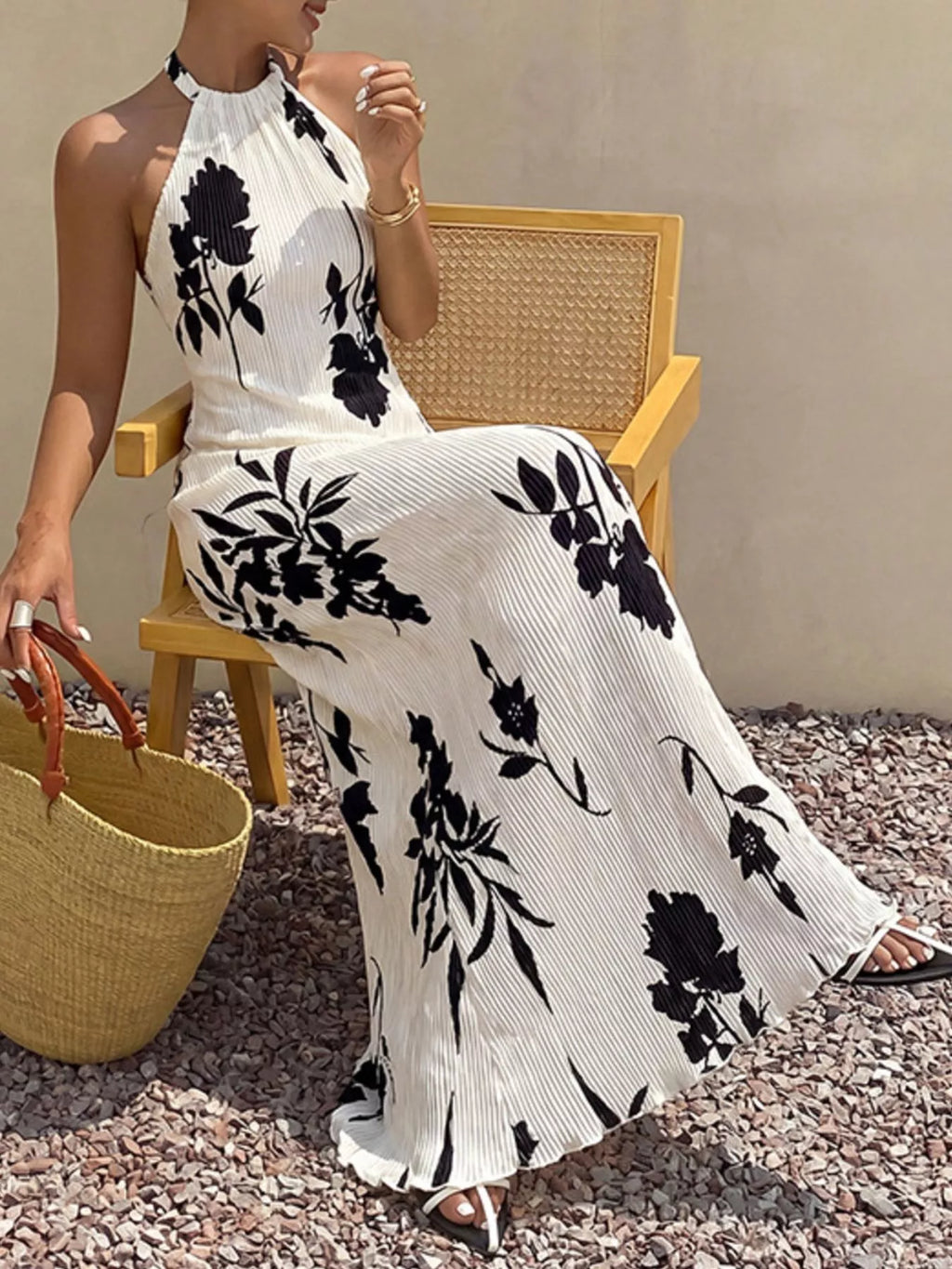 YSONA Floral Print Halter Neck Maxi Dress — side view | Women's Dress | Shop YSONA
