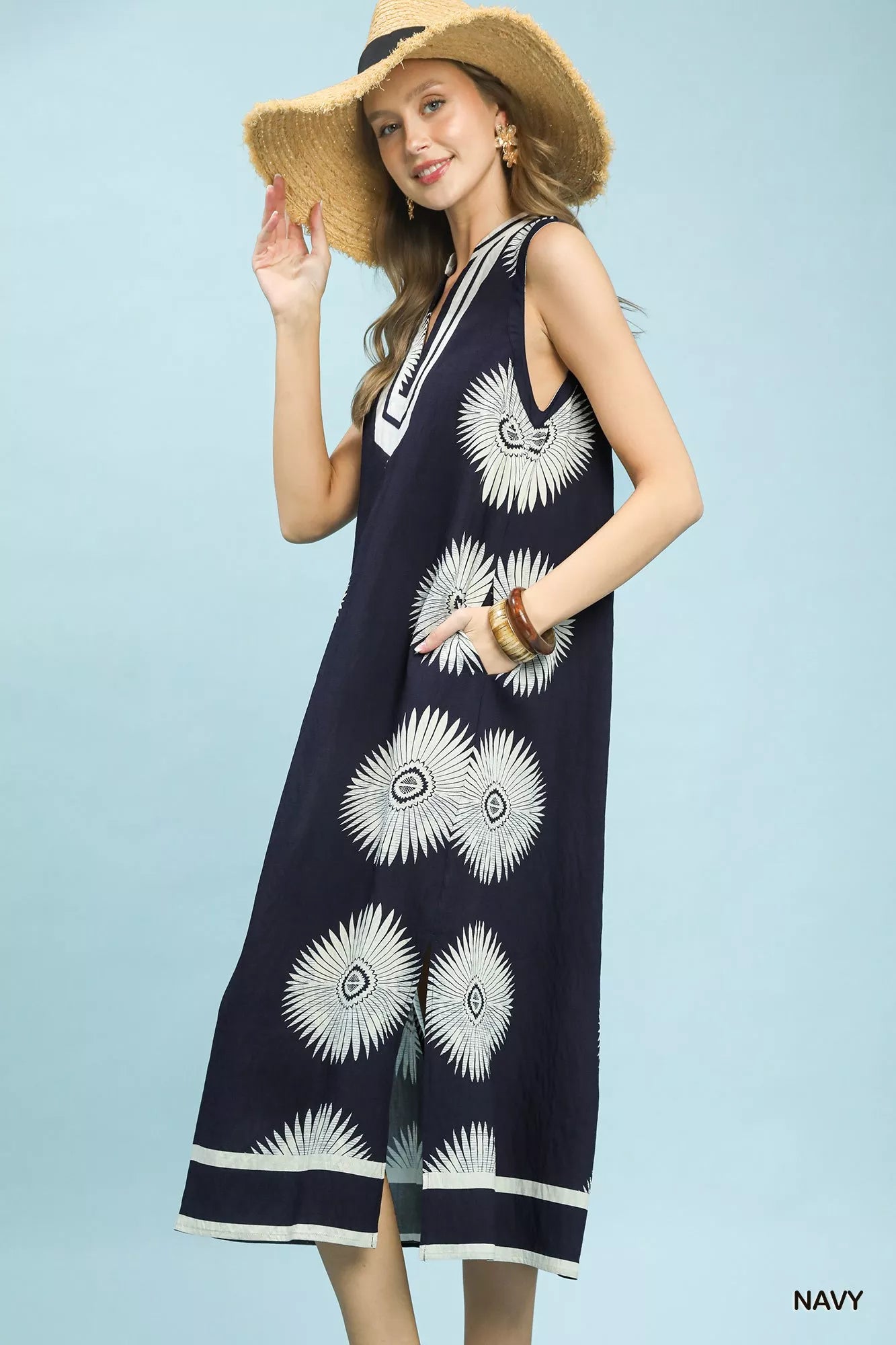 YSONA Umgee Sleeveless Geometric Midi Dress — back view | Women's Dress | Shop YSONA
