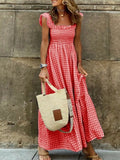 YSONA Full Size Gingham Smocked Ruffle Maxi Dress Plus Size — front view | Women's Dress