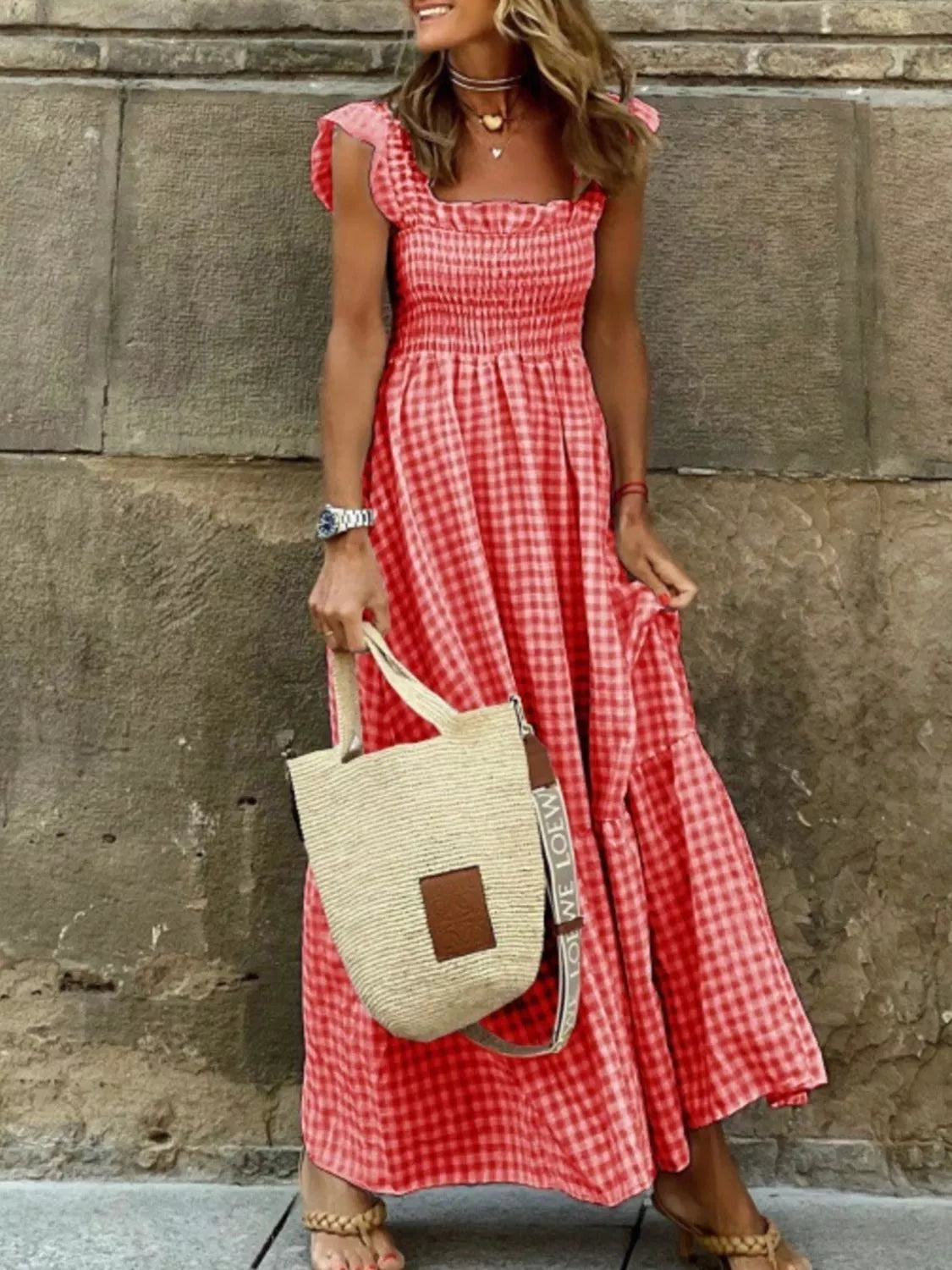 YSONA Full Size Gingham Smocked Ruffle Maxi Dress Plus Size — front view | Women's Dress