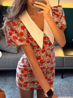 YSONA Ruched Floral Print Puff Sleeve Mini Dress — side view | Women's Dress | Shop YSONA
