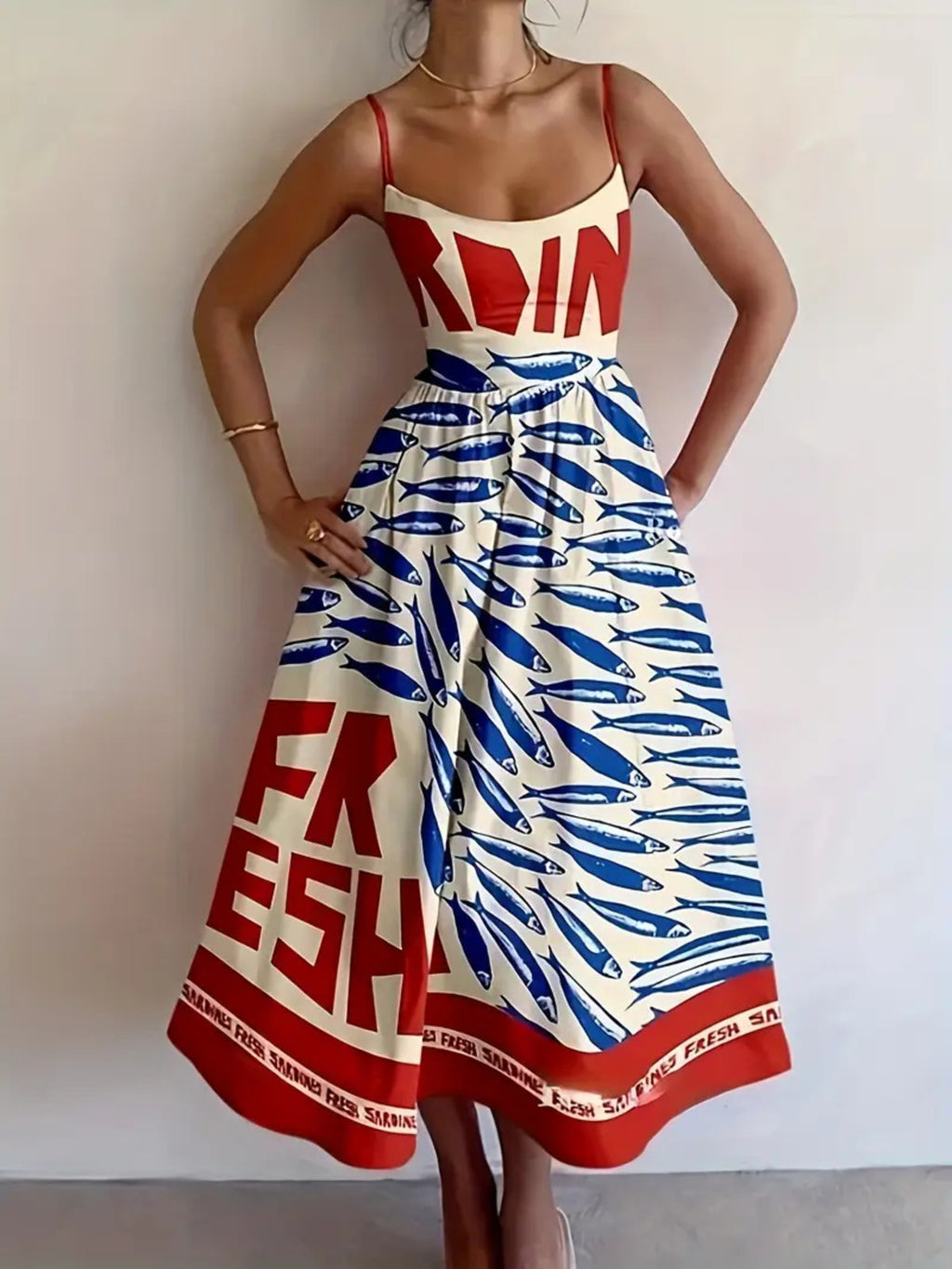 YSONA Sardine Print Spaghetti Strap Midi Dress — front view | Women's Dress | Shop YSONA