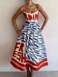 YSONA Sardine Print Spaghetti Strap Midi Dress — front view | Women's Dress | Shop YSONA