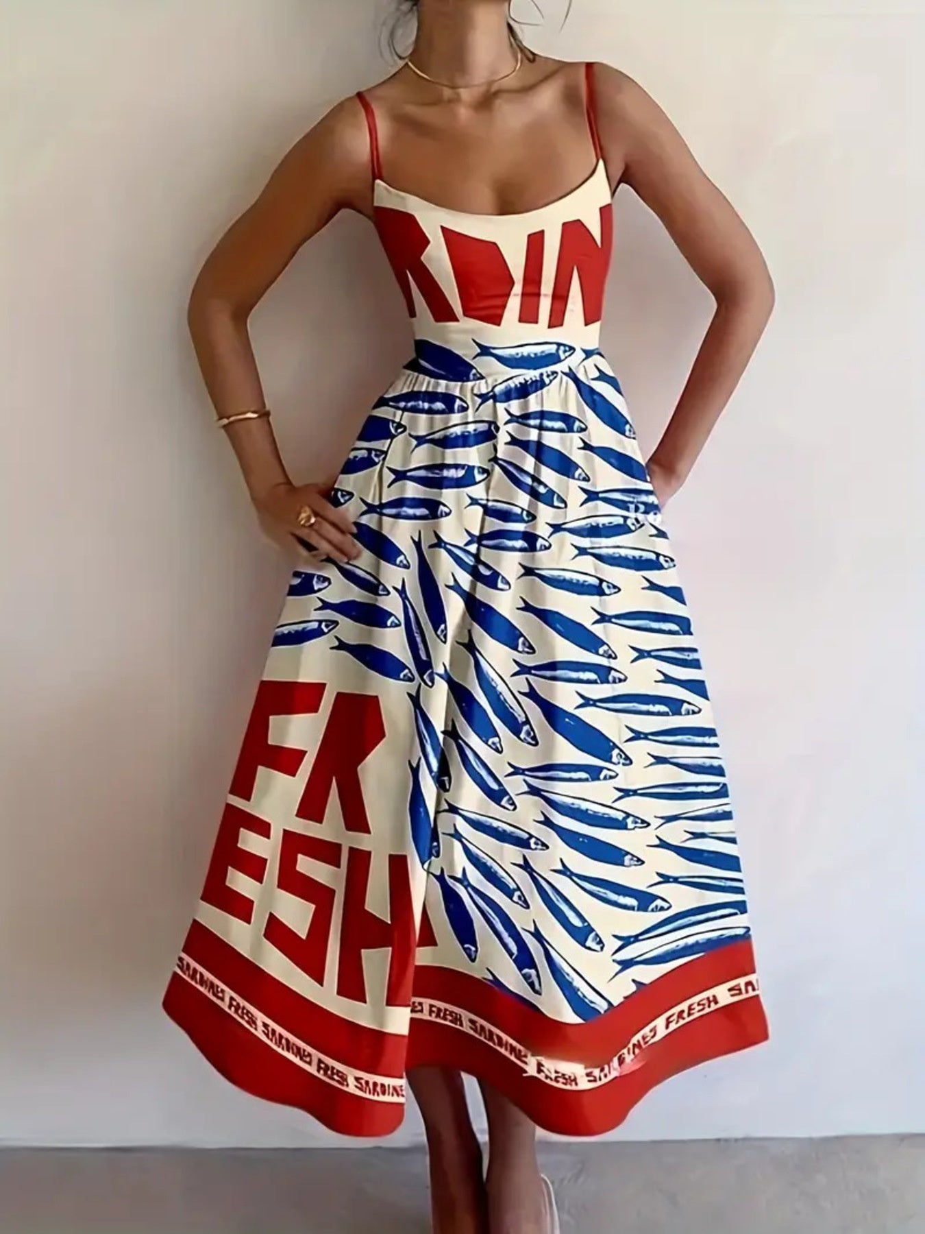 YSONA Sardine Print Spaghetti Strap Midi Dress — front view | Women's Dress | Shop YSONA