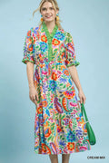 YSONA Umgee Mix Floral Midi Dress with Ruffle Trim — front view | Women's Dress | Shop YSONA