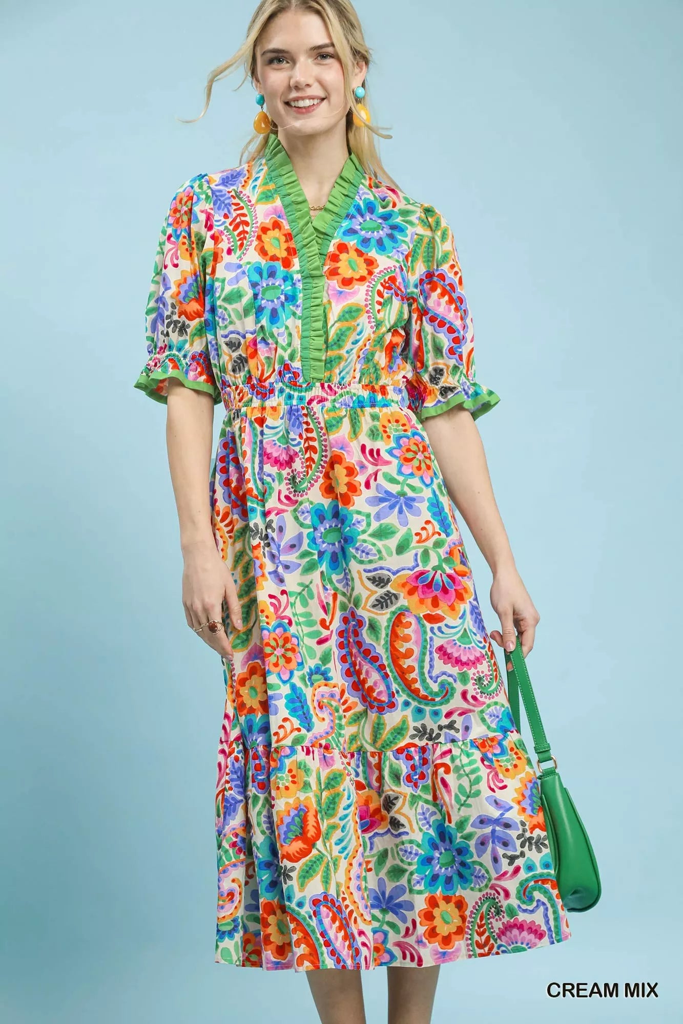 YSONA Umgee Mix Floral Midi Dress with Ruffle Trim — front view | Women's Dress | Shop YSONA