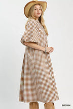 YSONA Umgee Puff Sleeve Plaid Midi Dress — back view | Women's Dress | Shop YSONA
