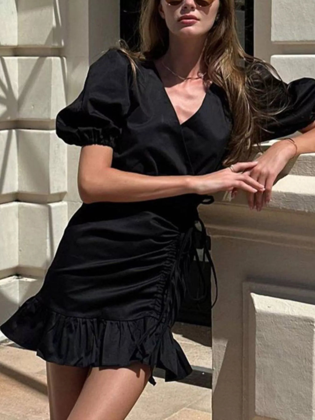 YSONA Ruffled Hem Ruched Puff Sleeve Mini Dress — model wearing | Women's Dress | Shop YSONA