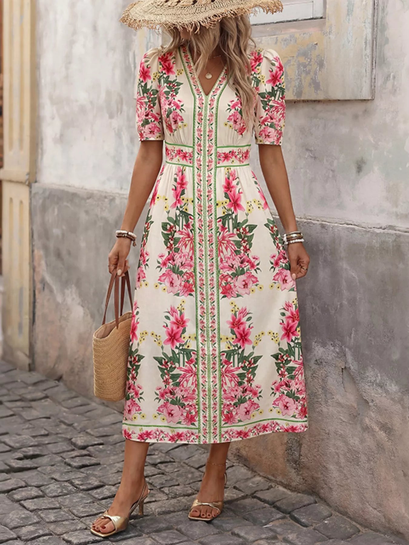 YSONA Floral Print V-Neck Midi Dress — side view | Women's Dress | Shop YSONA