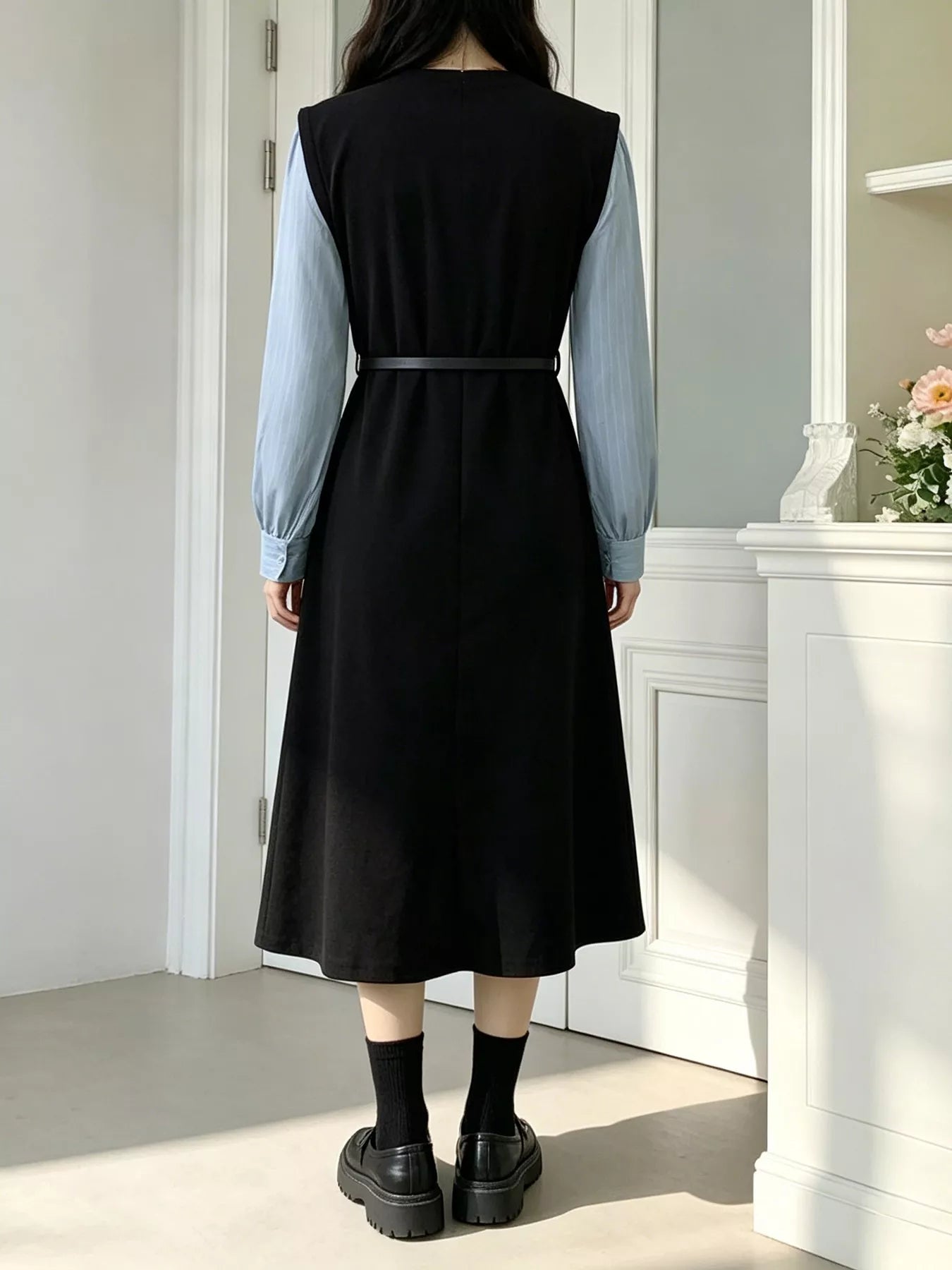 YSONA Contrast Sleeve A-Line Dress with Belt — model wearing | Women's Dress | Shop YSONA