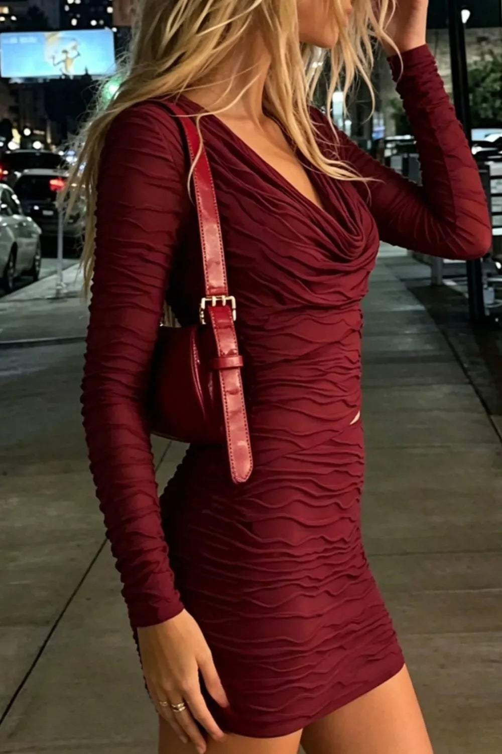 YSONA Ruched Cutout Cowl Neck Long Sleeve Mini Dress — side view | Women's Dress | Shop YSONA