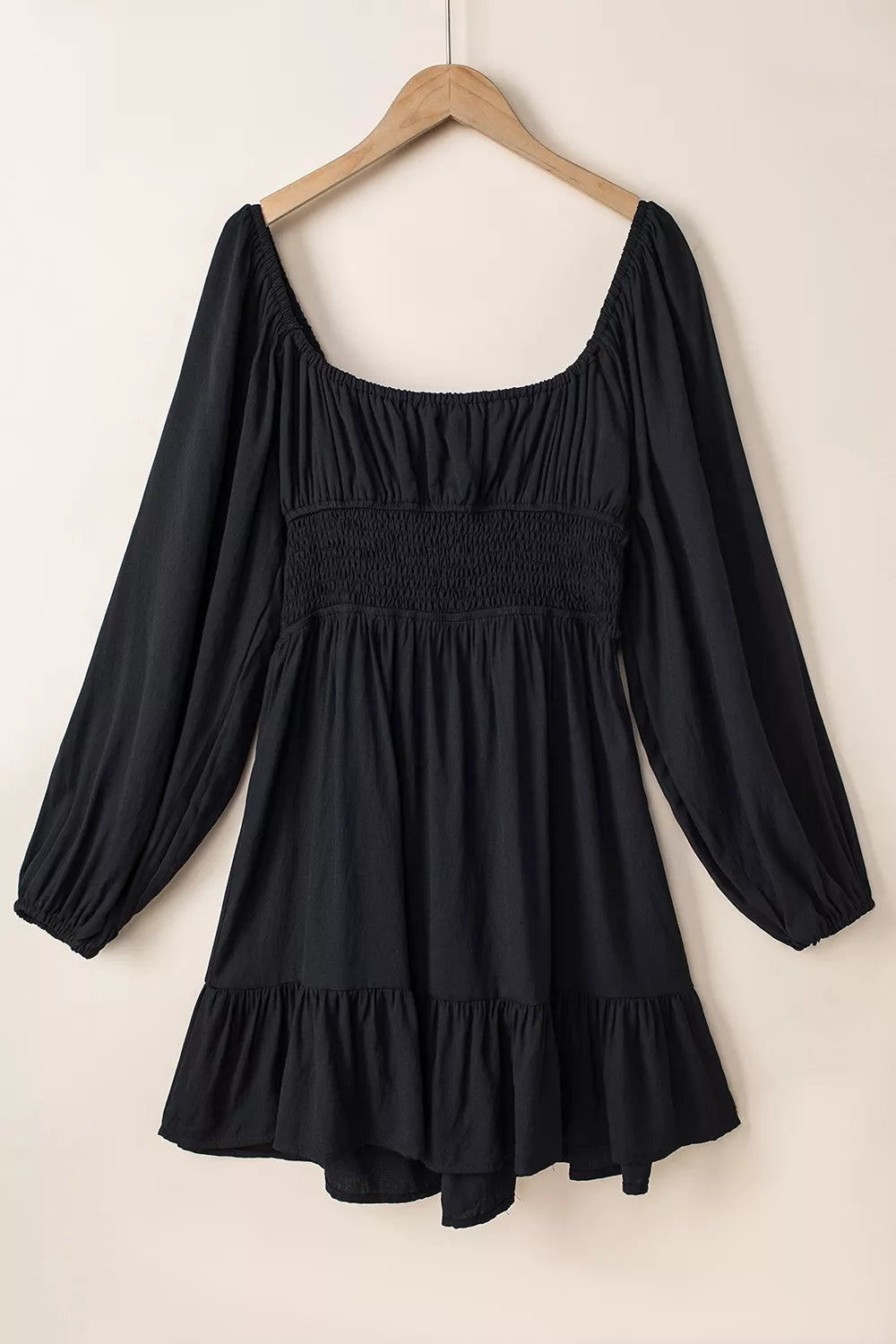 YSONA Solid Color Long Sleeve Shirred Drawstring Ruffle Mini Dress — styling view | Women's Dress