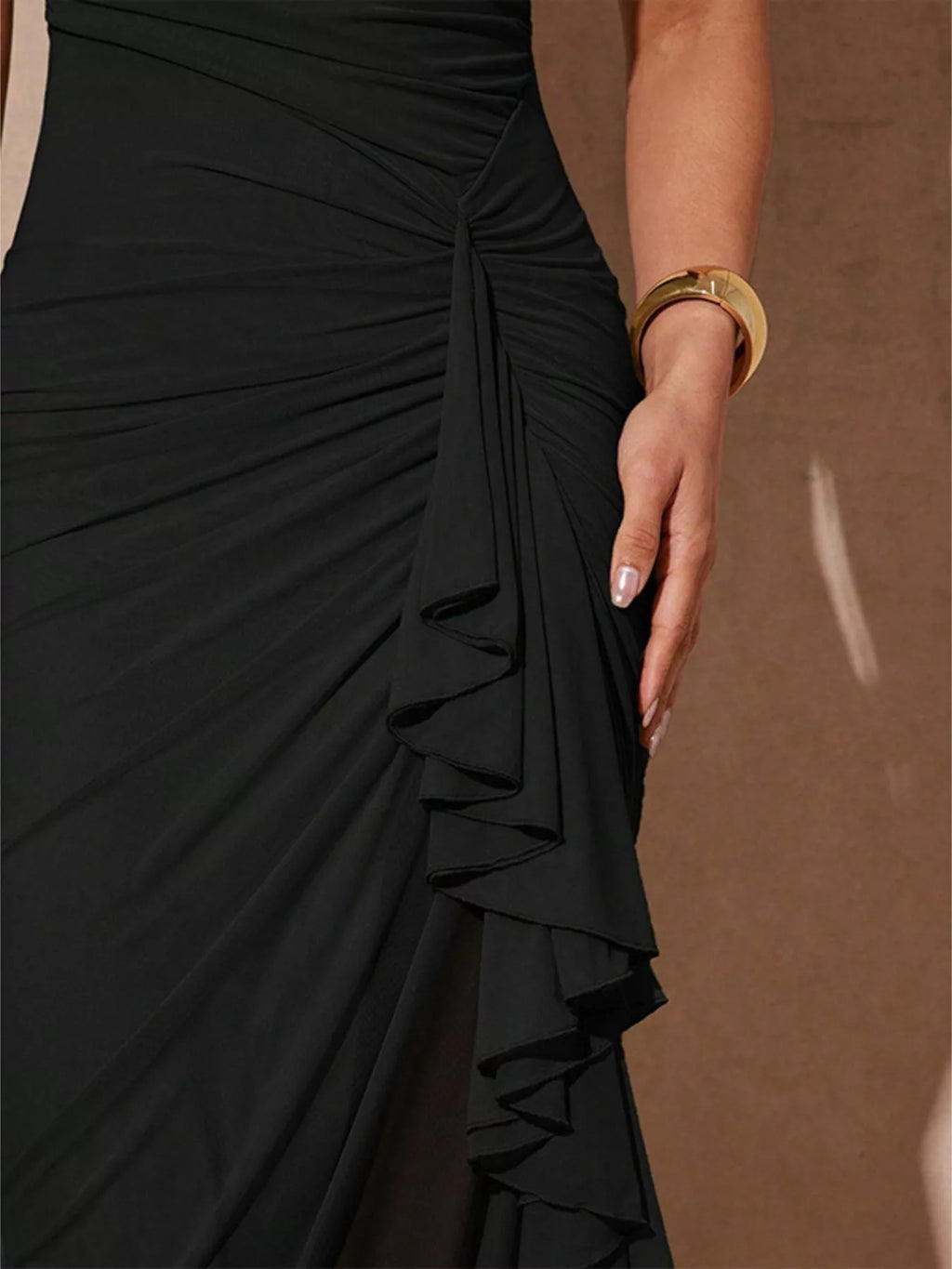 YSONA Slit Asymmetrical Hem Spaghetti Strap Maxi Dress — detail view | Women's Dress | Shop YSONA