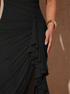 YSONA Slit Asymmetrical Hem Spaghetti Strap Maxi Dress — detail view | Women's Dress | Shop YSONA