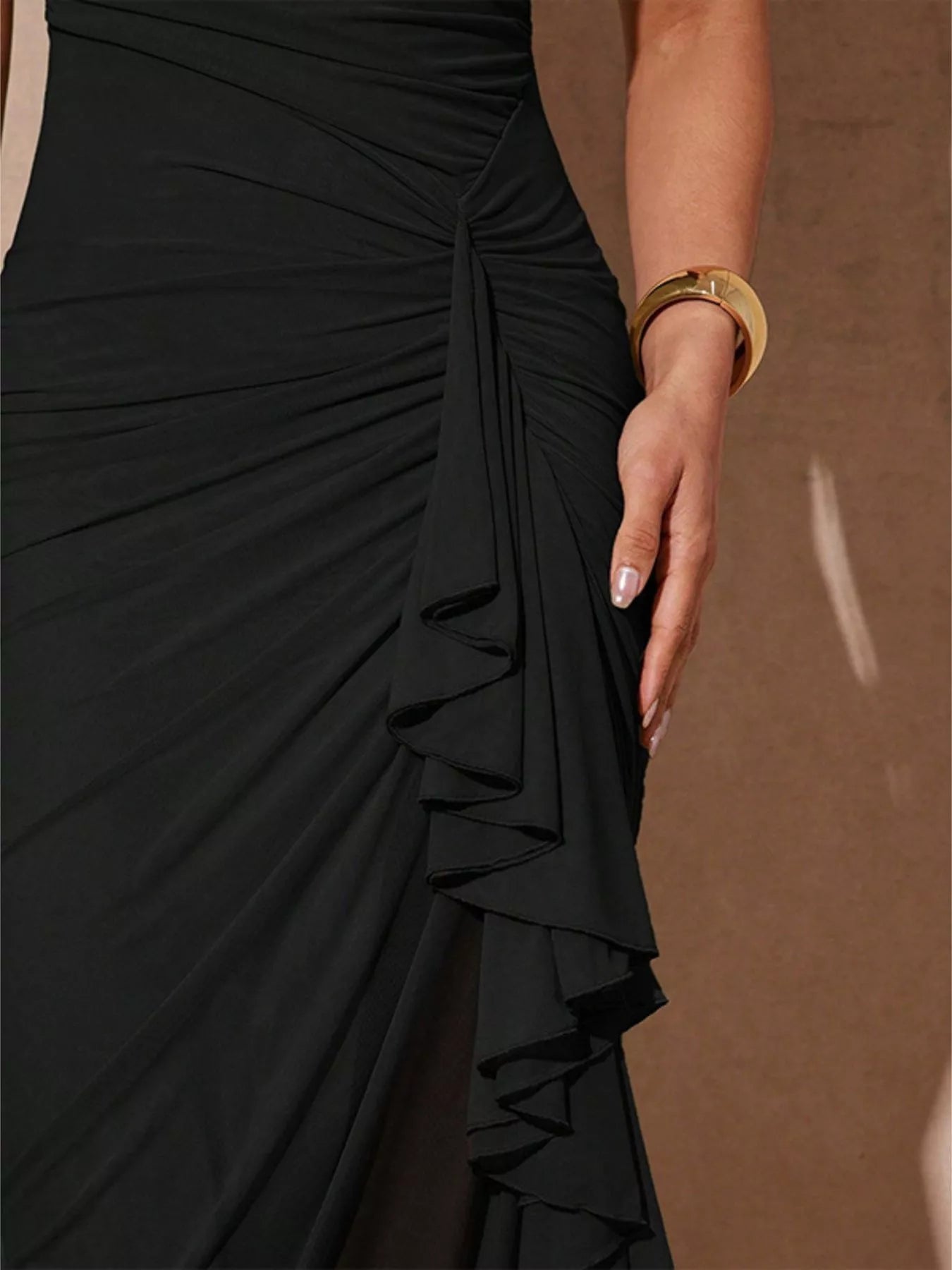 YSONA Slit Asymmetrical Hem Spaghetti Strap Maxi Dress — detail view | Women's Dress | Shop YSONA