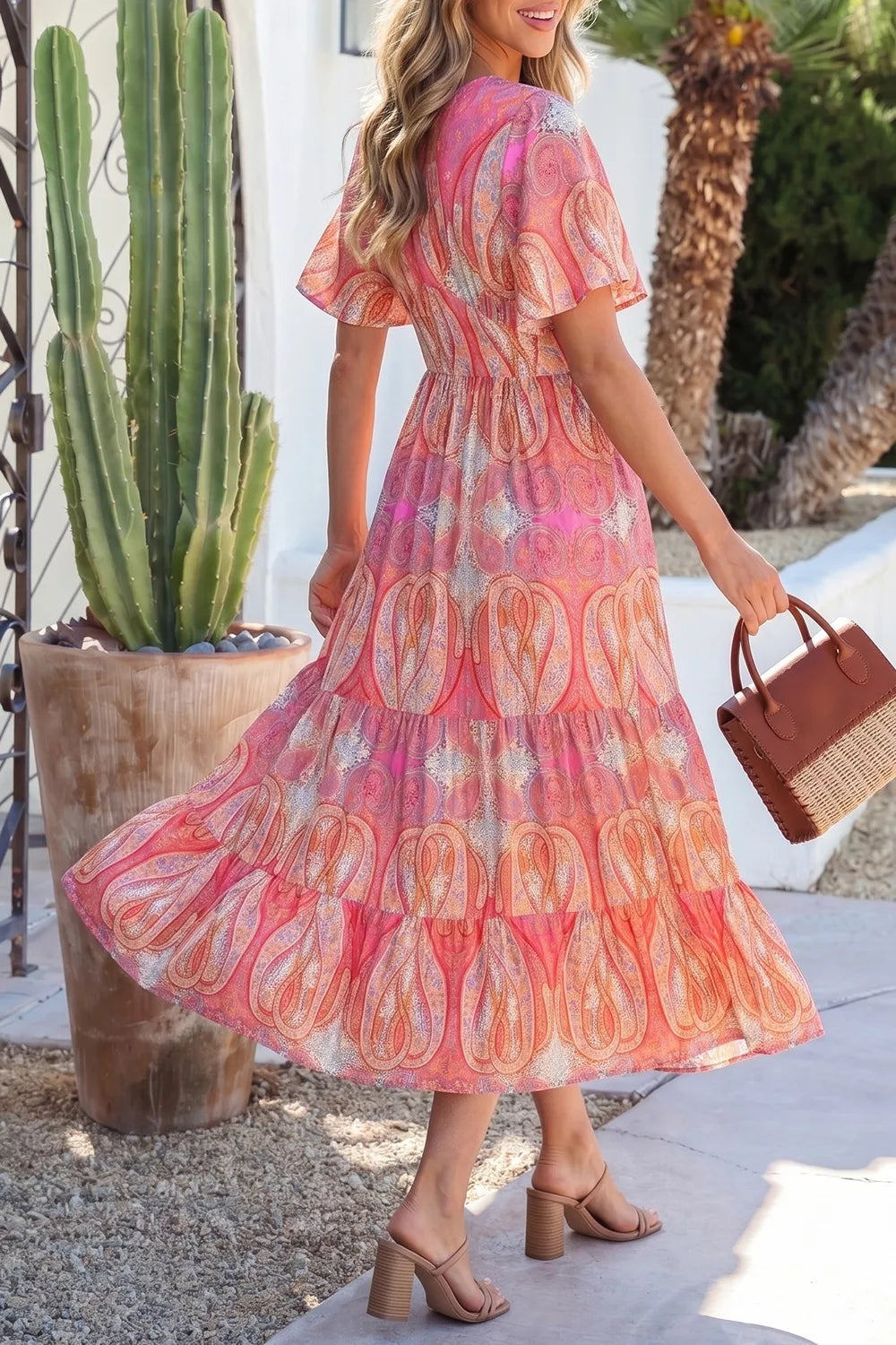 YSONA Paisley Print V-Neck Short Sleeve Boho Dress — back view | Women's Dress | Shop YSONA