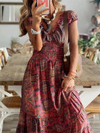 YSONA Full Size Smocked Printed V-Neck Short Sleeve Dress — back view | Women's Dress