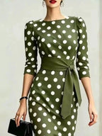 YSONA Full Size Polka Dot 3/4 Sleeve Dress Plus Size — full length view | Women's Dress | Shop YSONA