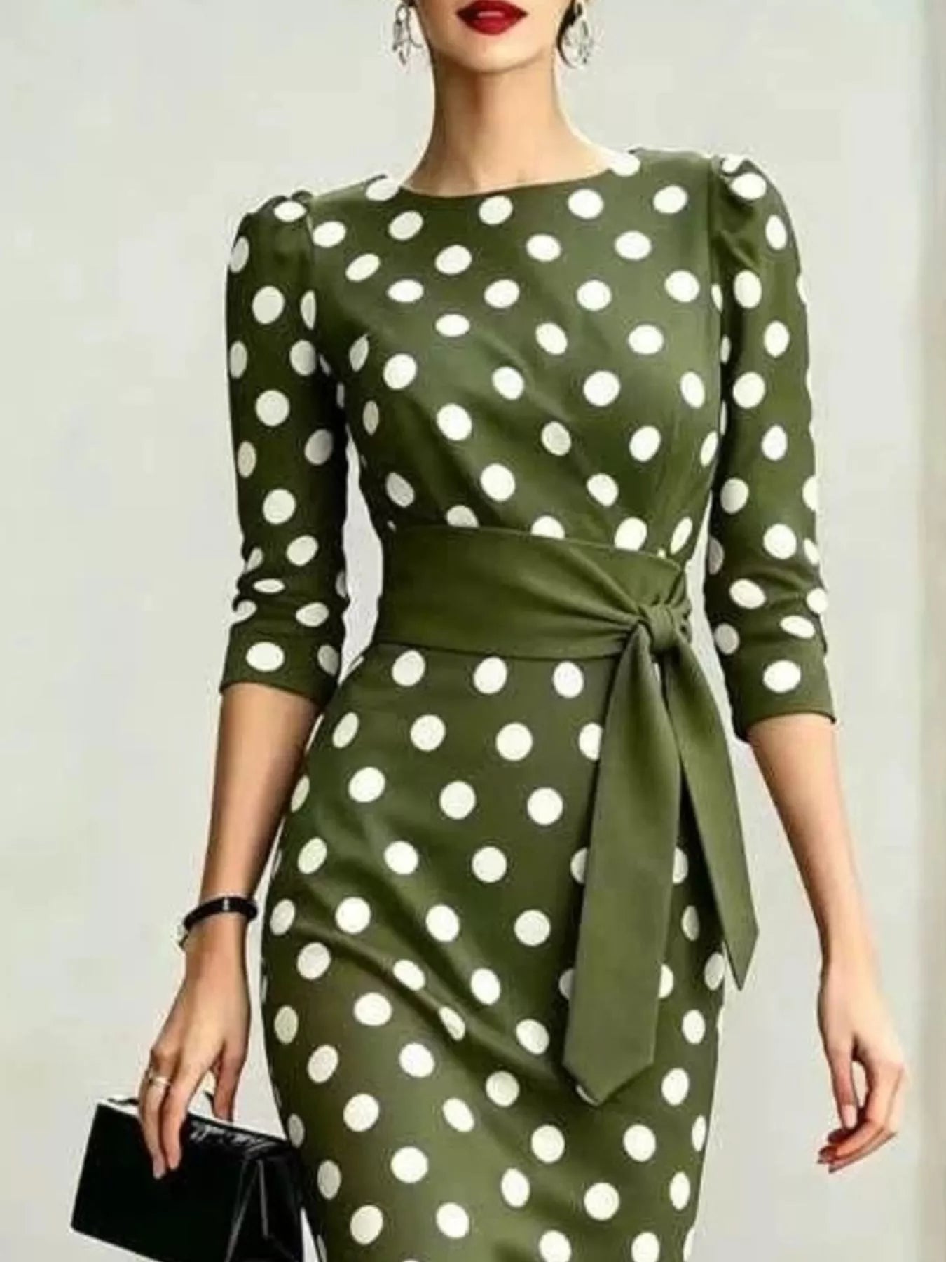YSONA Full Size Polka Dot 3/4 Sleeve Dress Plus Size — full length view | Women's Dress | Shop YSONA