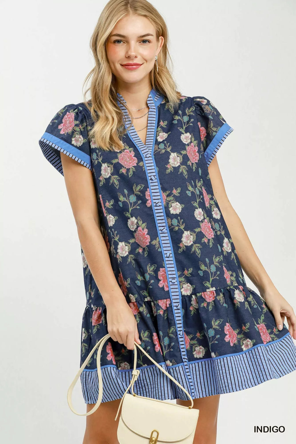YSONA Umgee Floral Contrast Trim Ruffle Hem Mini Dress — front view | Women's Dress | Shop YSONA