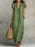 YSONA Full Size Ruffled V-Neck Cap Sleeve Maxi Dress Plus Size — front view | Women's Dress