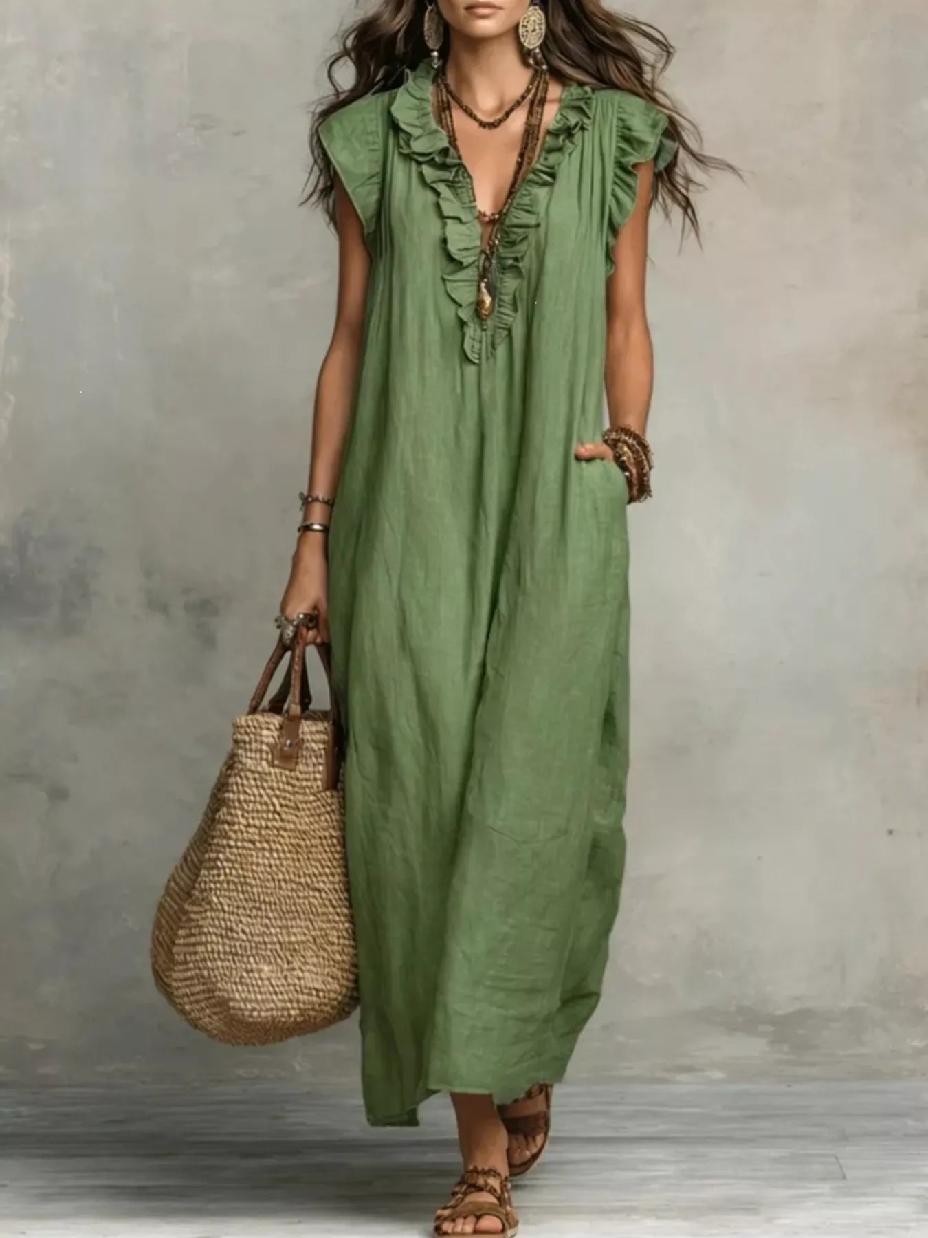 YSONA Full Size Ruffled V-Neck Cap Sleeve Maxi Dress Plus Size — front view | Women's Dress