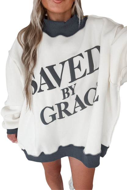 Coffee Saved By Grace Print Color Block Mock Neck Oversized Sweatshirt