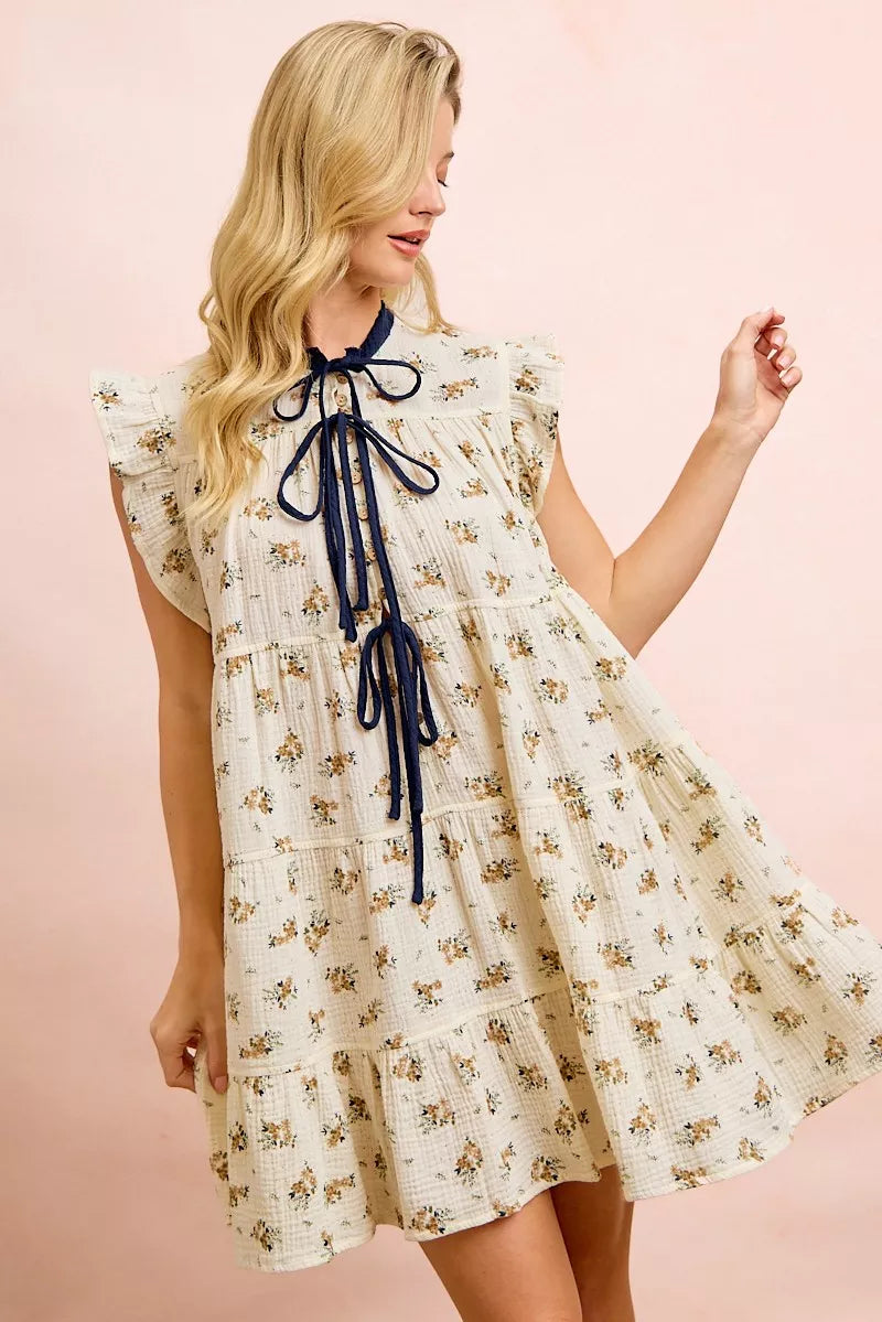 YSONA BiBi Floral Multi-tiered Dress With Ruffles And Front Tie — close-up view | Women's Dress