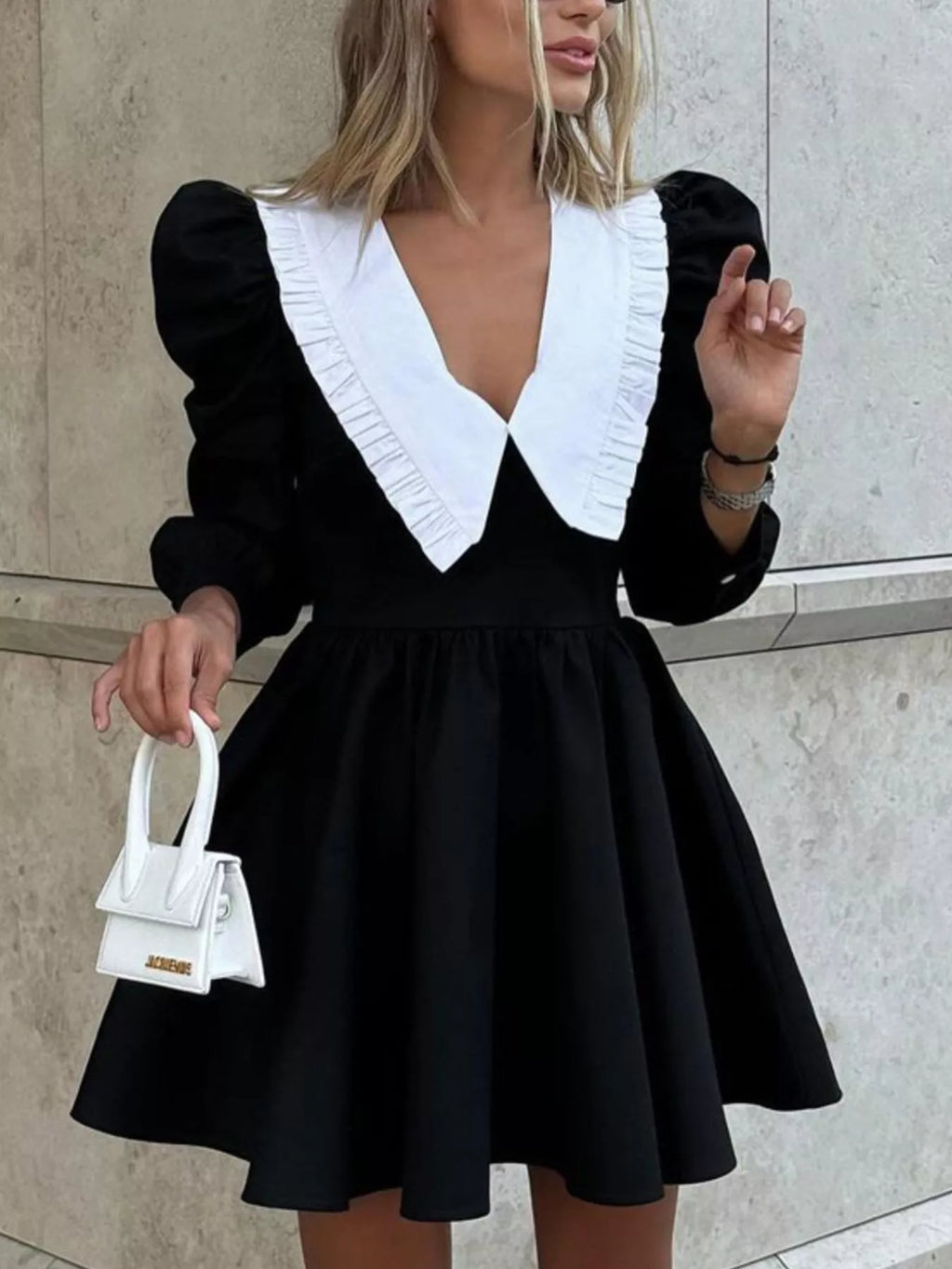 YSONA Puff Sleeve Contrast Collar Dress — back view | Women's Dress | Shop YSONA