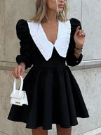 YSONA Puff Sleeve Contrast Collar Dress — back view | Women's Dress | Shop YSONA