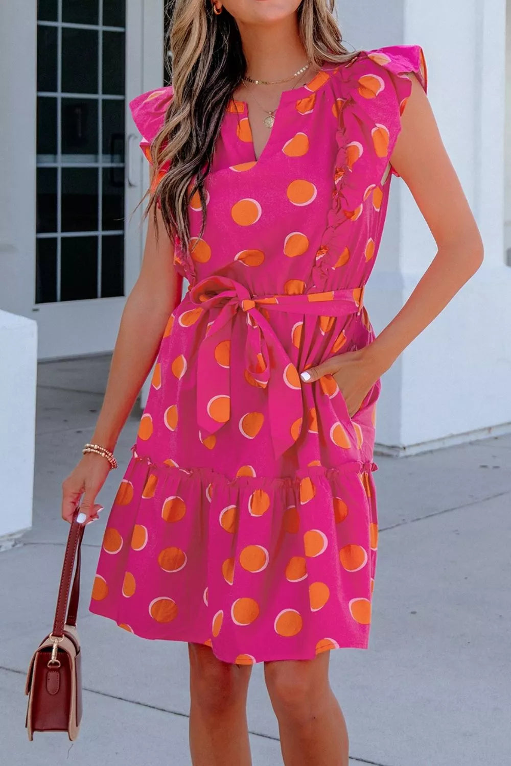 YSONA Ruffle Sleeve Polka Dot Mini Dress — close-up view | Women's Dress | Shop YSONA