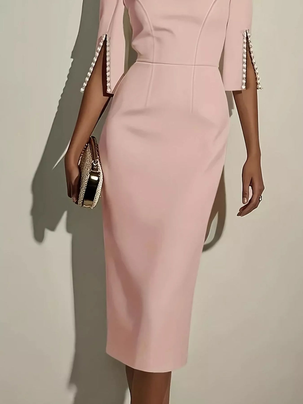 YSONA Slim-Fit Elegant Midi Dress with Beaded Slit Sleeve — fabric detail | Women's Dress