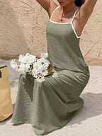 YSONA Spaghetti Strap Maxi Dress with Contrasting Trim — close-up view | Women's Dress | Shop YSONA