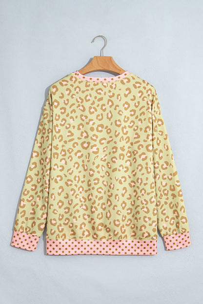 Brown Leopard Polka Dot Colorblock Trim Long Sleeve Top