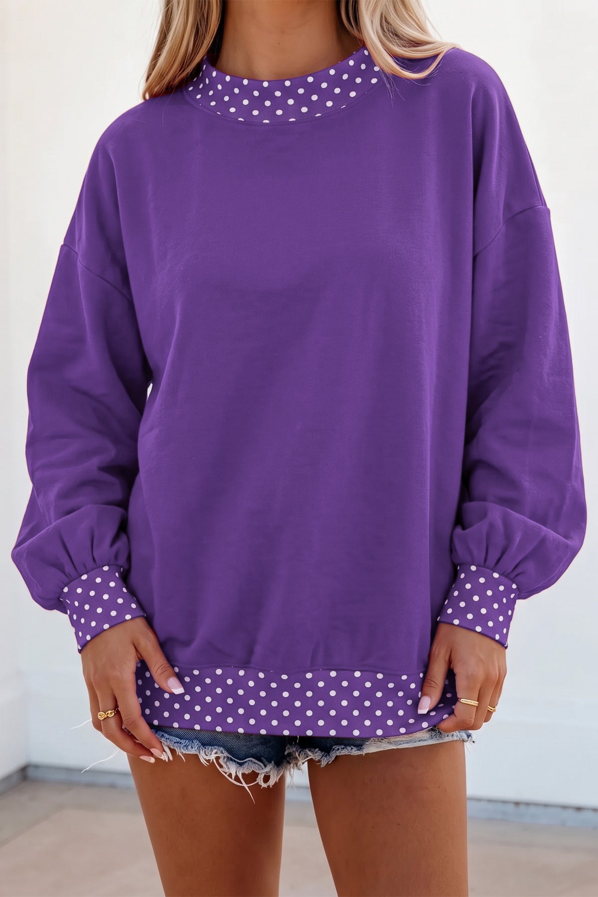 Burgundy Colorblock Polka Dot Contrast Trim Oversized Sweatshirt