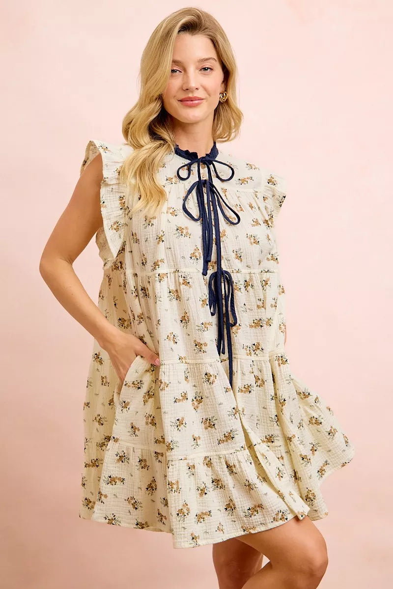 YSONA BiBi Floral Multi-tiered Dress With Ruffles And Front Tie — fabric detail | Women's Dress