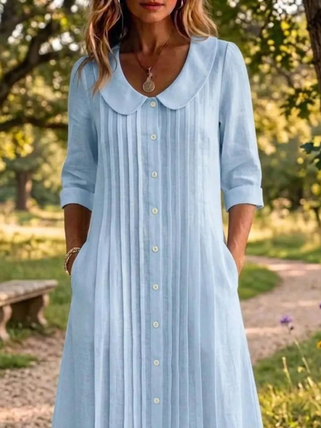 YSONA Full Size Peter Pan Collar Button Down Dress Plus Size — detail view | Women's Dress