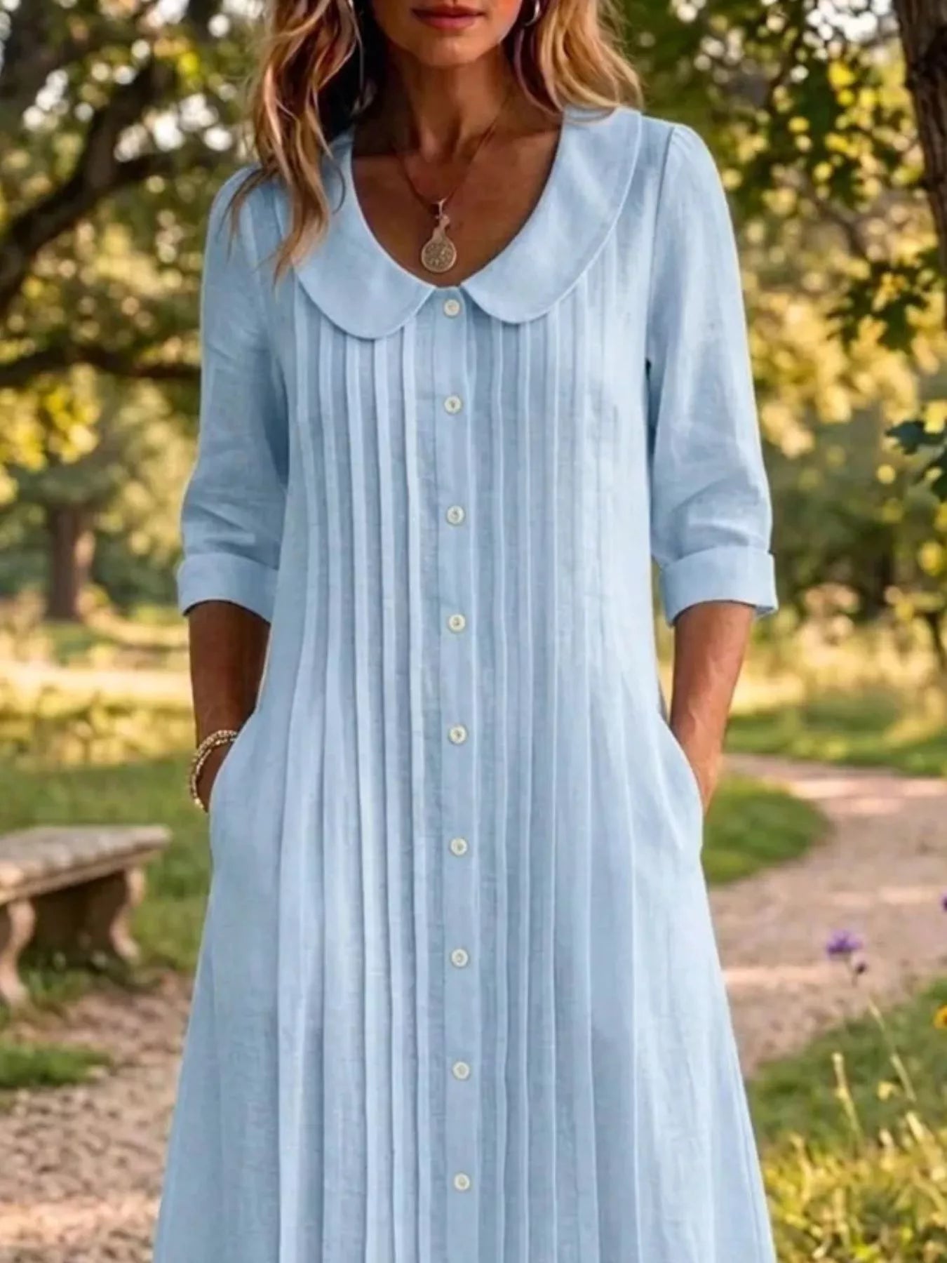 YSONA Full Size Peter Pan Collar Button Down Dress Plus Size — detail view | Women's Dress
