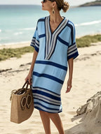 YSONA Full Size Striped Half Sleeve Midi Dress Plus Size — front view | Women's Dress